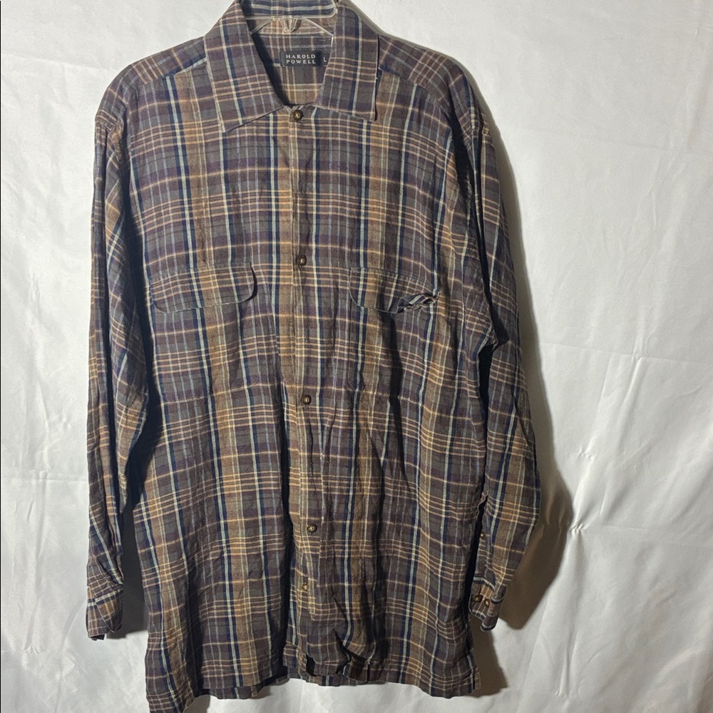 Harold Powell men’s size large 100% linen long sleeve checked shirt